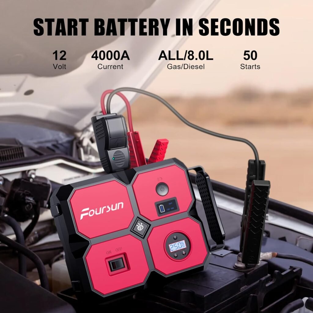 Portable Car Jump Starter with Air Compressor, Foursun 4000A 26800mAh Jump Starter Battery Pack (All Gas/8.0L Diesel) 150PSI Digital Tire Inflator, 12V Car Lithium Battery Jump Box Pack Power Charger