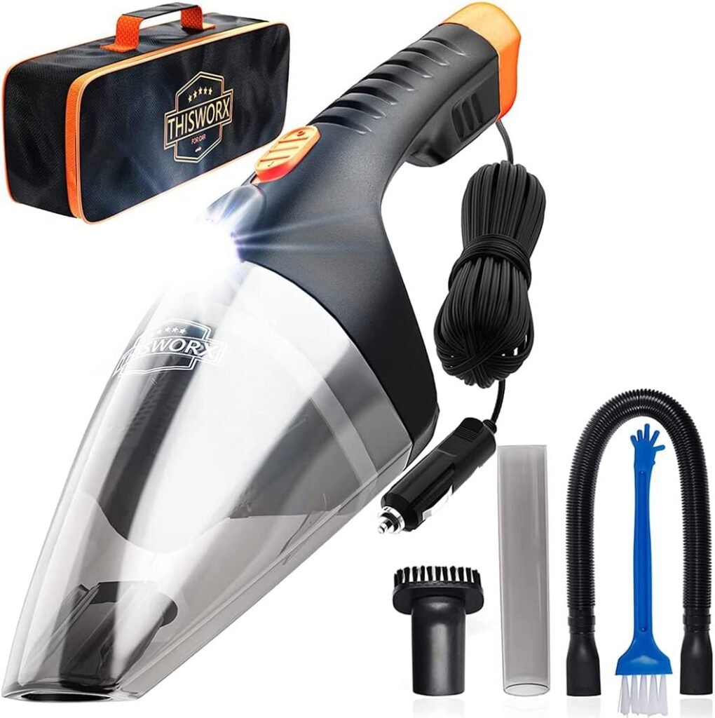 ThisWorx Car Vacuum Cleaner - Car Accessories - Small 12V High Power Handheld Portable Car Vacuum w/Attachments, 16 Ft Cord  Bag - Detailing Kit Essentials for Travel, RV Camper