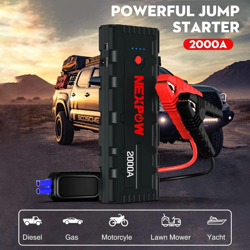 NEXPOW 2000A Peak Car Jump Starter with USB Quick Charge 3.0 (Up to 7.0L Gas or 6.5L Diesel Engine), 12V Portable Battery Starter, Battery Booster with Built-in LED Light