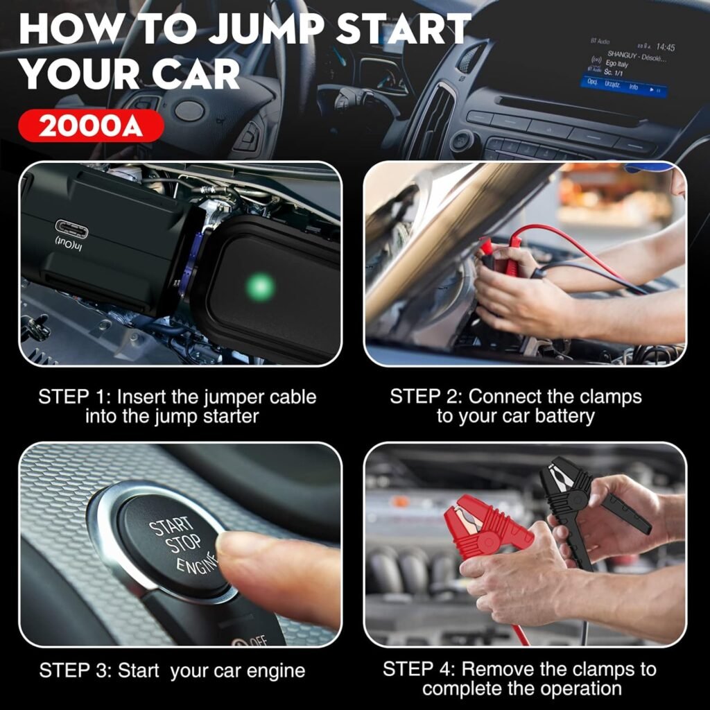 NEXPOW 2000A Peak Car Jump Starter with USB Quick Charge 3.0 (Up to 7.0L Gas or 6.5L Diesel Engine), 12V Portable Battery Starter, Battery Booster with Built-in LED Light