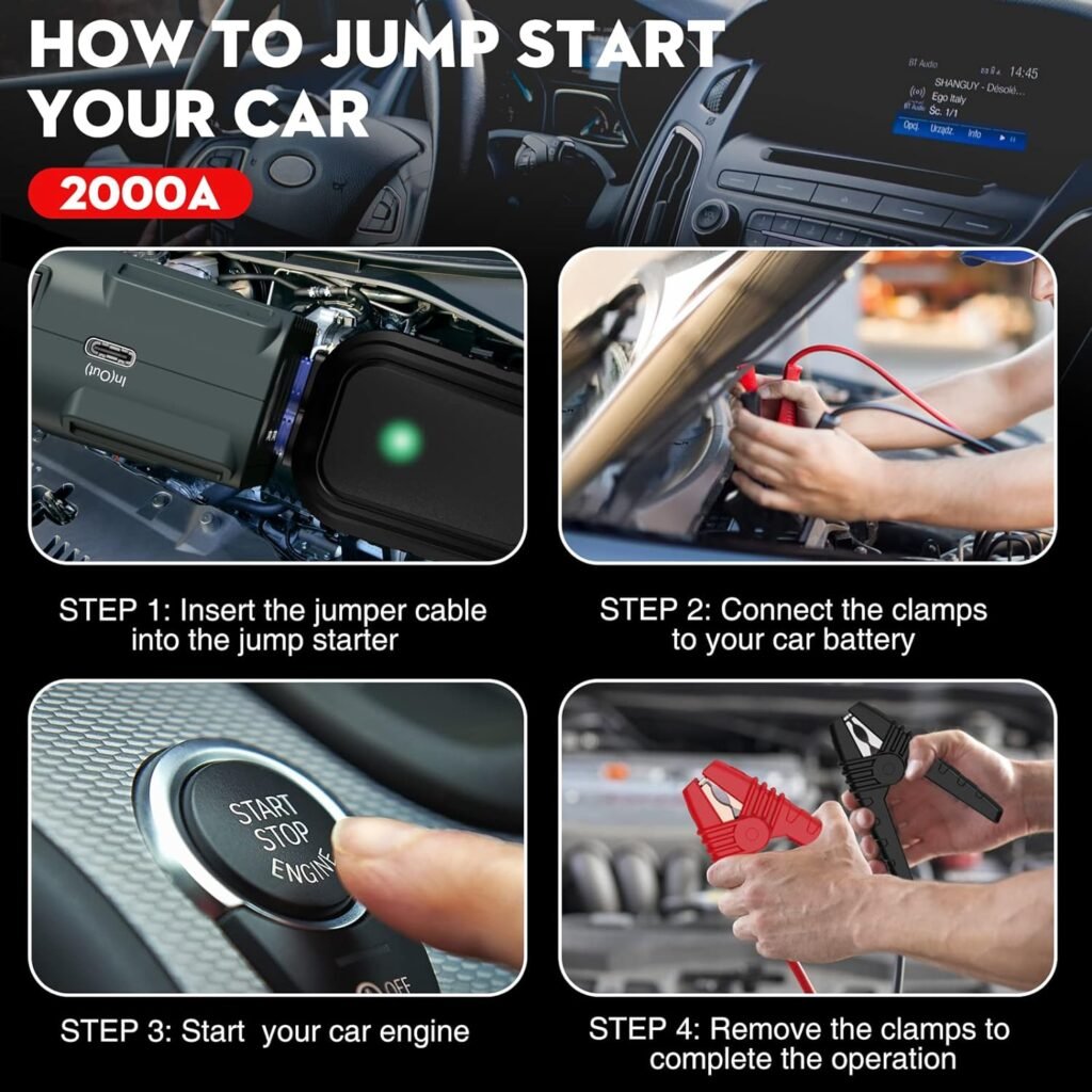 NEXPOW 2000A Peak Car Jump Starter with USB Quick Charge 3.0 (Up to 7.0L Gas or 6.5L Diesel Engine), 12V Portable Battery Starter, Battery Booster with Built-in LED Light