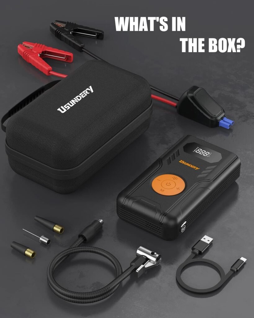 USUNDERY Portable Car Jump Starter with Air Compressor, 2000A 120PSI Car Battery Jump Starter, Up to 7.5 Gas/6.5L Diesel, 12V Jump Box with Digital Tire Inflator, USB3.0, Display